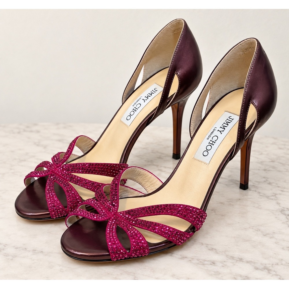 Jimmy Choo Metallic Plum Crystal Strappy dOrsay Pumps Heels IT 38